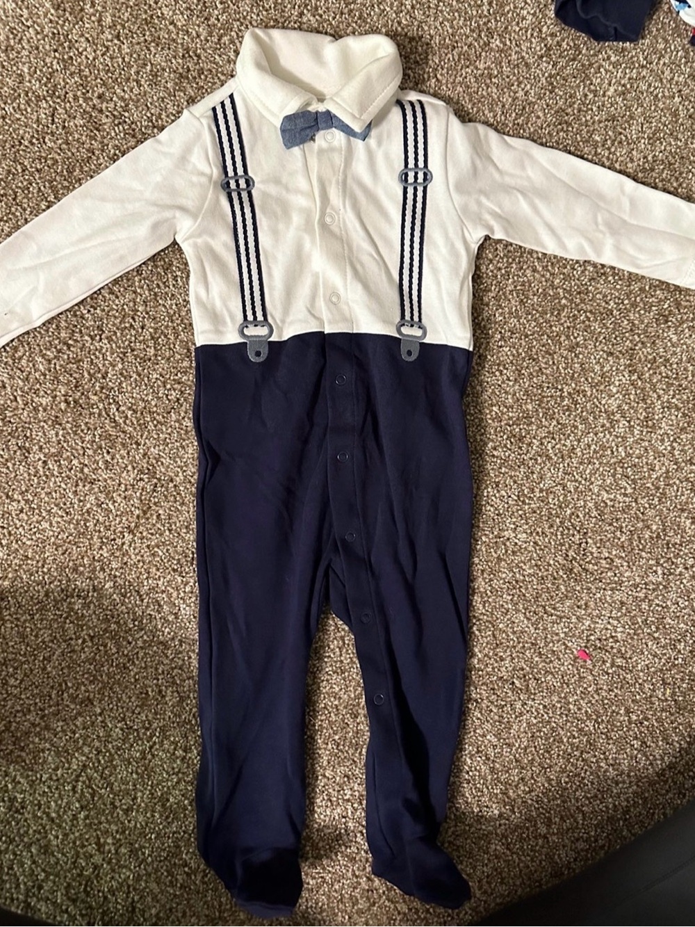 The Children's Place Navy and White Footed Romper with Bow Tie